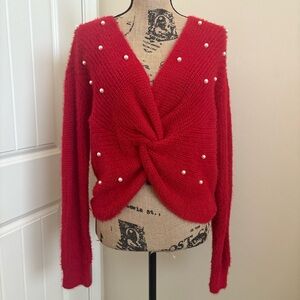 No Boundaries Red Twist Front Pearl Detail Sweater